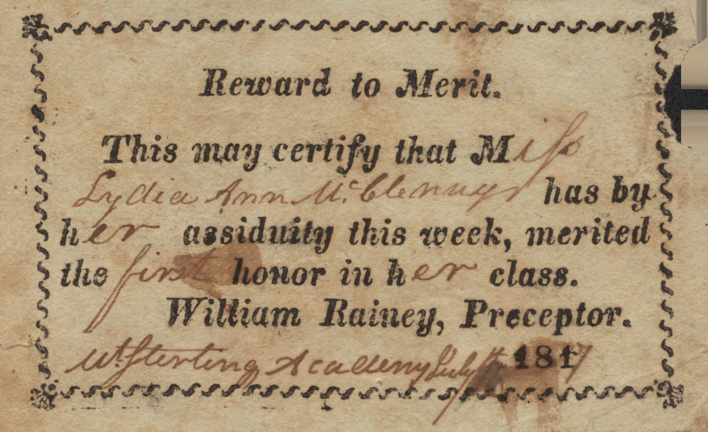 1817 年頒給學生 Lydia Ann McClenny 的獎勵卡，手寫她的名字